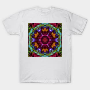 Psychedelic Kaleidoscope Flower Green Purple and Orange T-Shirt